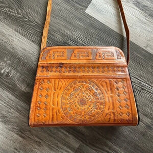 Hand-Tooled Leather Crossbody Bag in Cognac Brown
